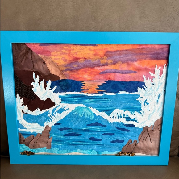 NEW! Handmade Framed Fabric Art - Crashing Waves - Picture 1 of 4
